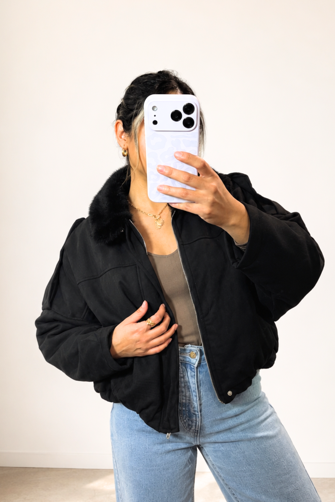 Chaqueta BOMBER GAMUZA peluda "NEGRO"