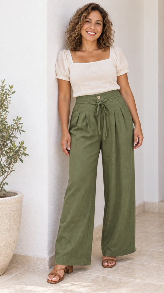 Pantalon Jaspeado Lino con pinzas "Musgo"