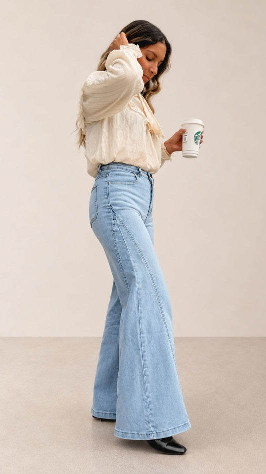 Jeans Wide Leg Elasticado & Tiro Alto "Costuras"