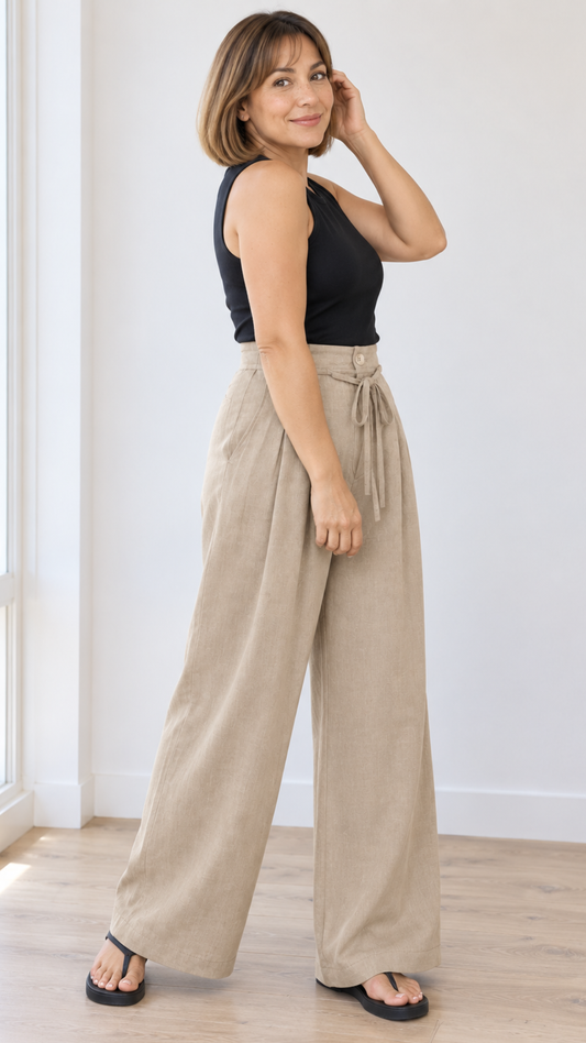 Pantalon Jaspeado Lino con pinzas "BEIGE"