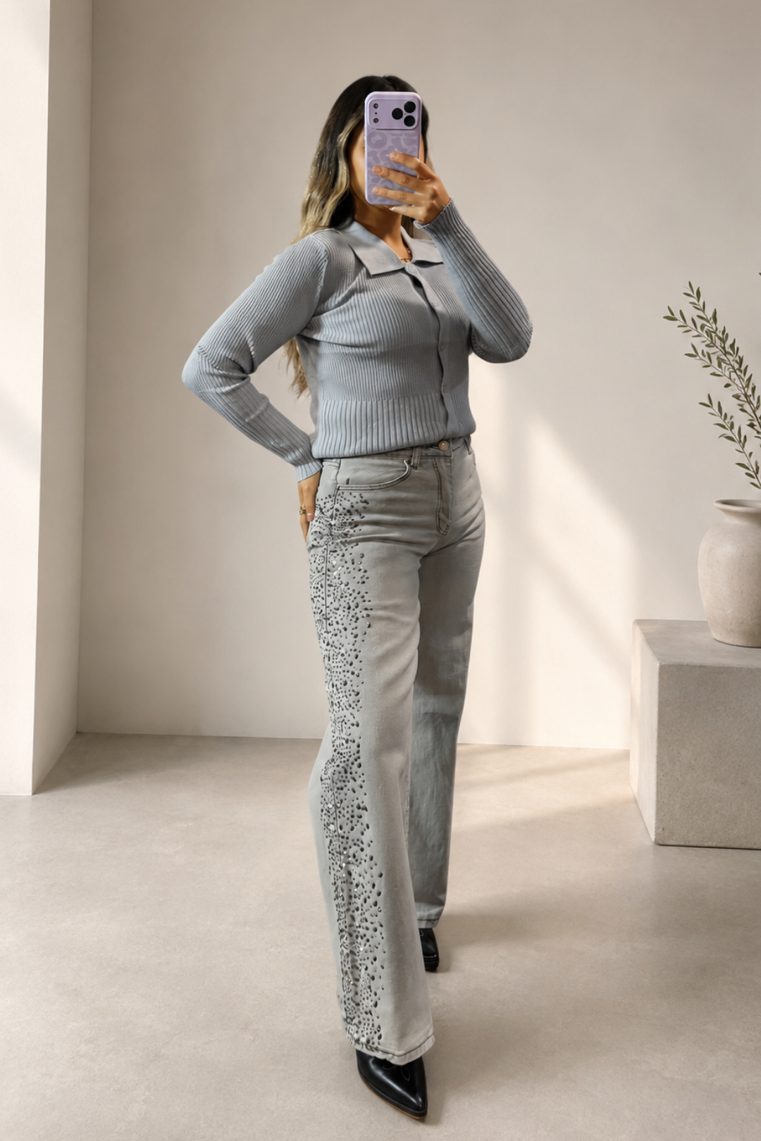 Jeans WIDE LEG GRIS "brillos"
