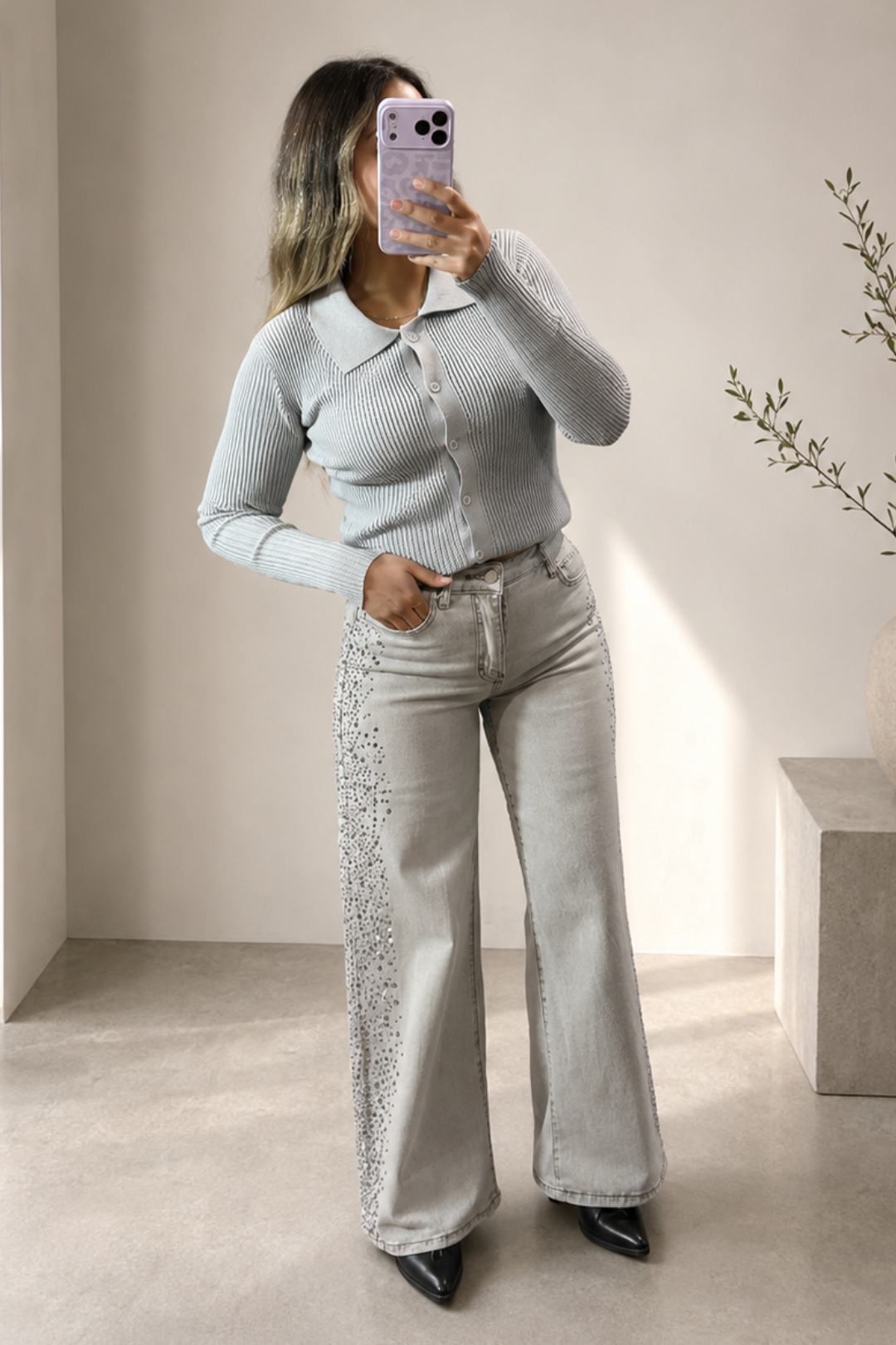 Jeans WIDE LEG GRIS "brillos"